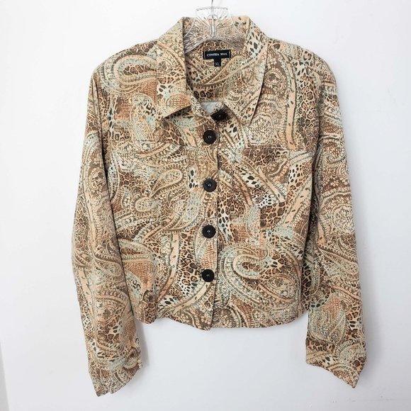 Cynthia Max Jackets & Blazers - Cynthia Max Women's Vintage Tan Turquoise Paisley Button Down Collar Jacket Coat